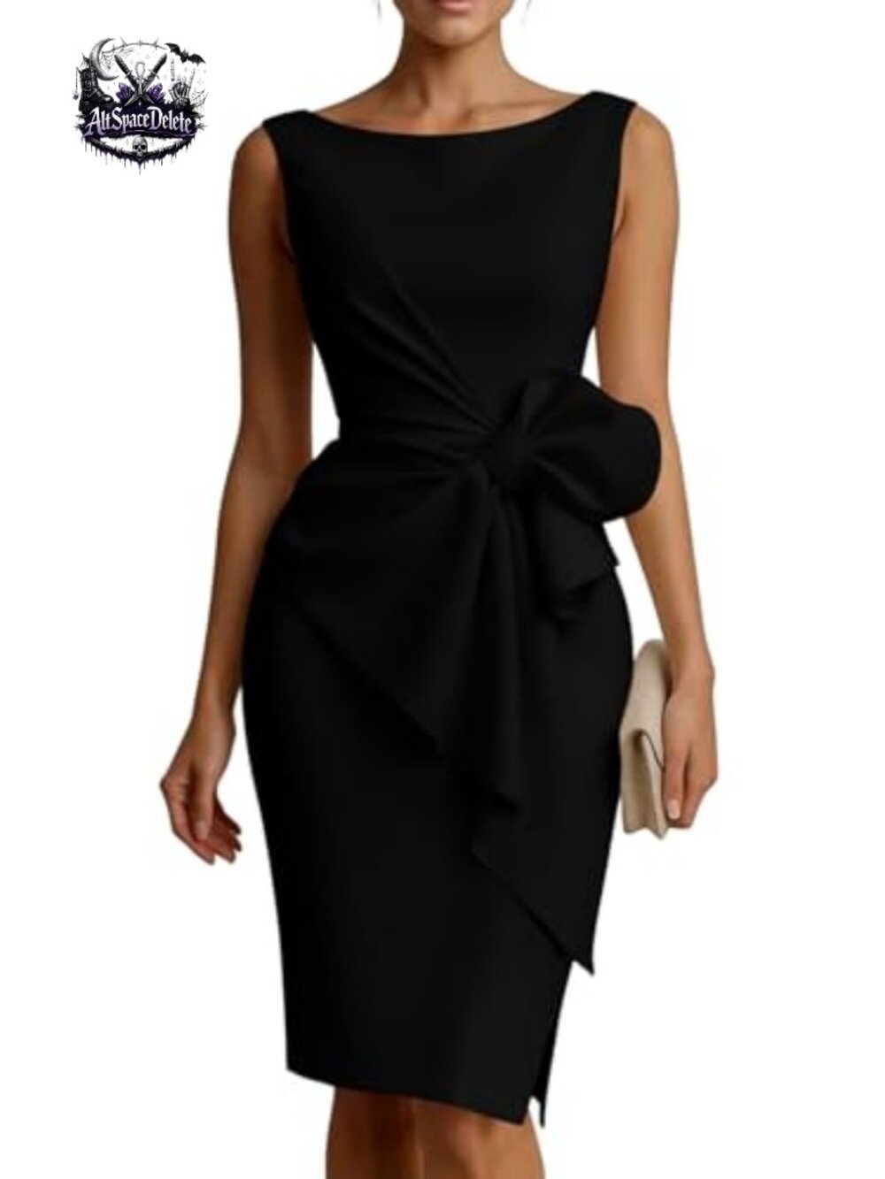 Women's Ruched Pencil Midi Dress Bow Sleeveless Boat Neck Work Office